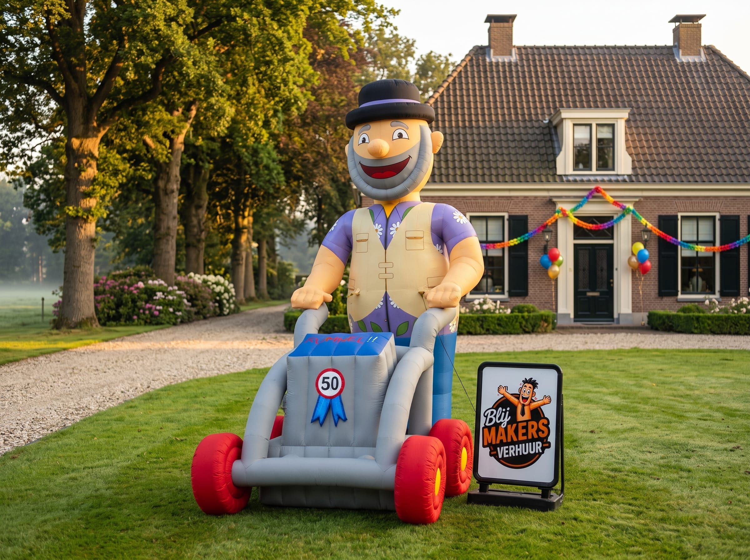 Abraham met rollator op het gazon van een vrijstaande villa