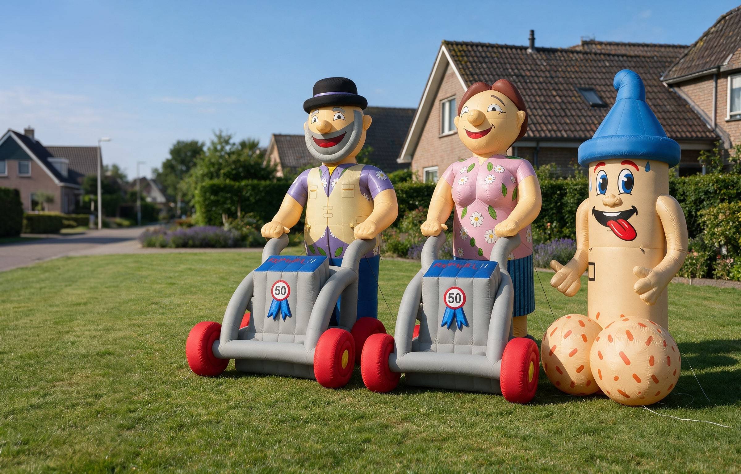 De drie opblaasfiguren van BlijMakers naast elkaar