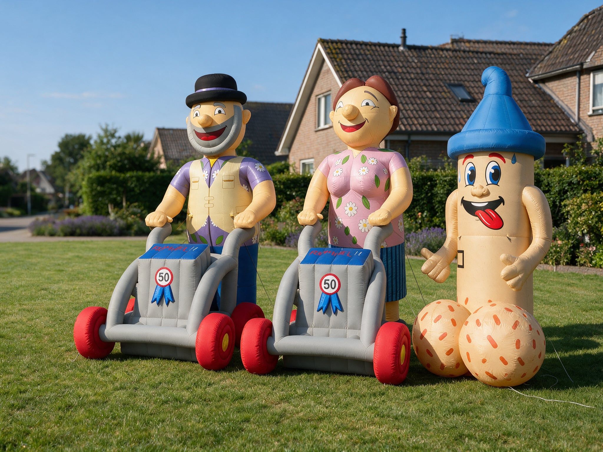 De drie opblaasfiguren van BlijMakers naast elkaar
